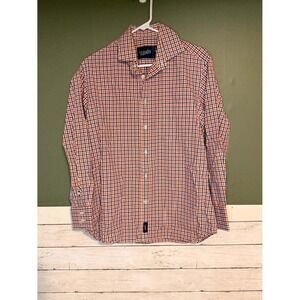 Woodies Button Down Men's Large Dress Shirt‎ Orange Blue Plaid 100% Cotton